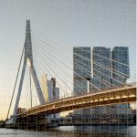 Voorbeeld puzzel in de categorie 'Architectuur', in dit geval een brug in Rotterdam